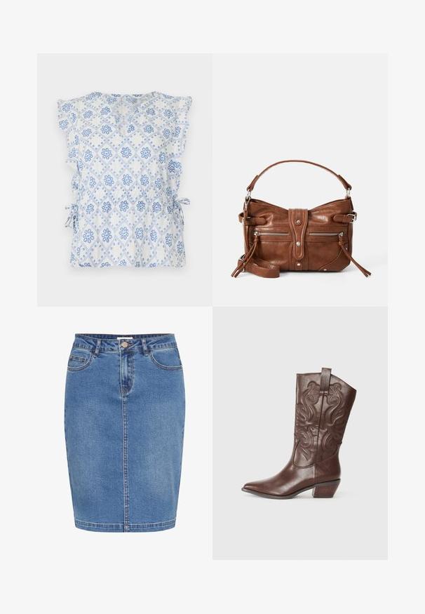 Witte blouse met blauw bloemen- en diamantpatroon, ruches aan de mouwen en zijstrikjes voor een verstelbare pasvorm. Lichtgewicht stof met een gestructureerd gevoel.; Denim rok in lichtblauw met een aansluitend ontwerp, sluiting met knopen aan de voorkant, vijf zakken en contrasterende stiksels langs de naden.; Bruine leren cowboylaars met een puntige neus, decoratieve stiksels op de schacht en een lage gestapelde hak. Gladde textuur met een gepolijste afwerking.; Bruine leren handtas met een afgeronde vorm, twee voorzakken met ritssluiting en een afneembare schouderband. Heeft zilverkleurige hardware en stiksels.