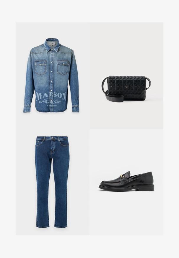 Chemise en jean bleu à manches longues avec boutons-pression, deux poches à rabat à l'avant et texte blanc délavé indiquant "MAISON" sur la partie inférieure avant.; Jean en denim bleu foncé avec une coupe droite, cinq poches et un bouton métallique à la taille. Texture lisse avec une décoloration minimale.; Mocassins en cuir noir avec un embout rond, présentant des accents en métal doré et des détails de couture, montés sur une semelle en caoutchouc texturé et basse.; Sac bandoulière noir texturé avec une fermeture à rabat et un petit logo en métal sur le devant, présenté sur un fond uni.