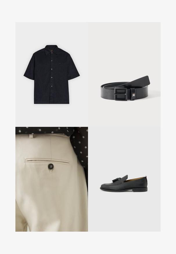 Čierna krátky rukáv košeľa s golierom, šesť gombíkov vpredu a jemné logo "BOSS" na hrudi a vo vnútri goliera.; Béžové nohavice s textúrovanou látkou, ktoré majú zadné vrecko uzatvárané čiernym gombíkom. Jemné švy zdobia okraje vrecka.; Čierna pánska mokasína z kože s strapcami, zaoblenou špičkou, nízkym podpätkom a sťahovacou slučkou na zadnej strane, zobrazená z profilu na svetlosivom pozadí.; Čierny kožený opasok s matnou čiernou kovovou prackou, mierne stočený s koncom remena ležiacim na bielom povrchu.
