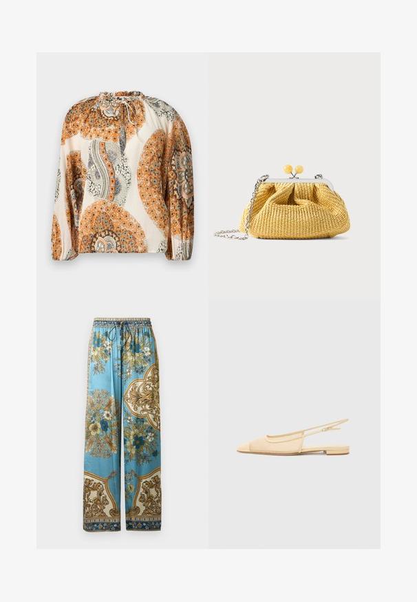 Bluse mit langen Ärmeln und Kordelzug am Ausschnitt, mit orangefarbenen, beigen und grauen Blumen- und Paisley-Mustern auf cremefarbenem Hintergrund.; Himmelblaue gemusterte Hosen mit lockerer Passform, die florale Designs in Gelb, Weiß und Teal aufweisen, sowie einen gesmokten Bund mit Kordelzug.; Slingback-Ballerina in hellbeige mit einem Netz-Obermaterial, spitz zulaufender Zehenpartie und niedrigem Absatz. Verfügt über einen verstellbaren Riemen für eine optimale Passform.; Kleine gelbe gewebte Handtasche mit silbernem Rahmen, zwei gelben Kugelverschlüssen und einem silbernen Kettenriemen auf weißem Hintergrund.