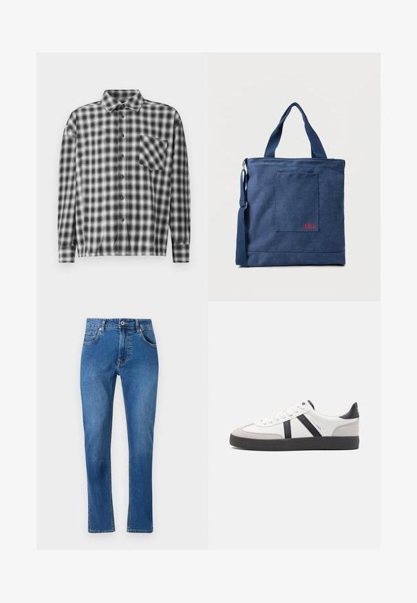 Chemise à manches longues à carreaux noir et blanc en tissu doux, présentant un devant à boutons et une poche poitrine. Conception à col avec coupe décontractée.; Jean en denim bleu avec une coupe droite, cinq poches et des détails de couture visibles. Le matériau présente un léger délavage. Style classique.; Baskets blanches avec des accents noirs et gris, présentant un embout texturé gris, une semelle en caoutchouc noir et des lacets plats blancs. Design épuré, style minimaliste.; Sac fourre-tout en toile bleue avec poche frontale et broderie rouge "O.N.S", doté de doubles poignées et d'une bandoulière réglable.