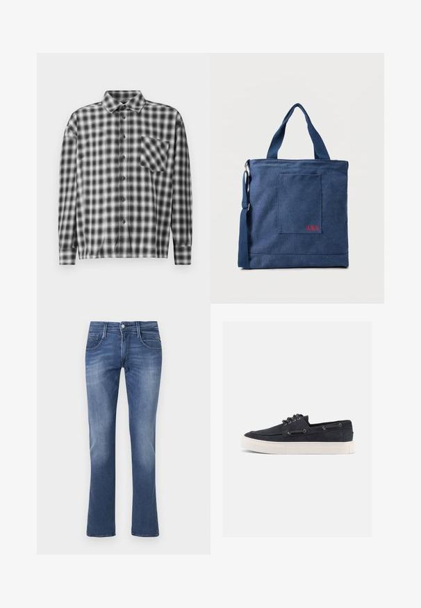 Sorte og hvide ternede langærmede skjorte i blødt stof, med knaplukning foran og brystlomme. Krave-design med afslappet pasform.; Blå denim straight-leg jeans med frontknap, lynlås samt for- og baglommer på en hvid baggrund.; Mørkeblå ruskinds-casual sneaker med hvid gummisål, sorte snørebånd og metaløjer, vist fra højre side på ensfarvet baggrund.; Blå lærredstote taske med frontlomme og rød "O.N.S" broderi, med to håndtag og en justerbar skulderrem.