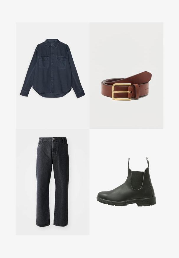 Dunkelblaues Denimhemd mit Knopfleiste, spitzem Kragen, zwei Brusttaschen und langen Ärmeln mit knopfbaren Manschetten.; Schwarze Denim-Jeans mit geradem Schnitt, ausgestattet mit einem Knopfverschluss, fünf Taschen und subtiler Textur. Klassisches Design ohne auffällige Muster.; Schwarze Leder Chelsea-Boots mit elastischen seitlichen Einsätzen, runder Zehenpartie und strukturiertem Gummisohle, die für ein einfaches An- und Ausziehen konzipiert sind.; Brauner Ledergürtel mit goldener rechteckiger Schnalle, aufgerollt vor weißem, einfarbigem Hintergrund.