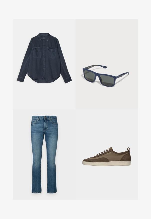 Mørkeblå denimskjorte med knaplukning foran, spids krave, to brystlommer og lange ærmer med knapmanchetter.; Mørkeblå denim jeans med lige ben-design, der har diskret slid, fem-lommestil og en knaplukning i taljen.; Lavprofileret brun sneaker med hvide snørebånd, beige sål, stof og ruskindsoverdel, side pull-tab og "Tiger of Sweden" logo i guldtekst.; Mørkeblå solbriller med mat overflade, rektangulære linser, mørkegrå toning og diskret logo-detail på stangen.