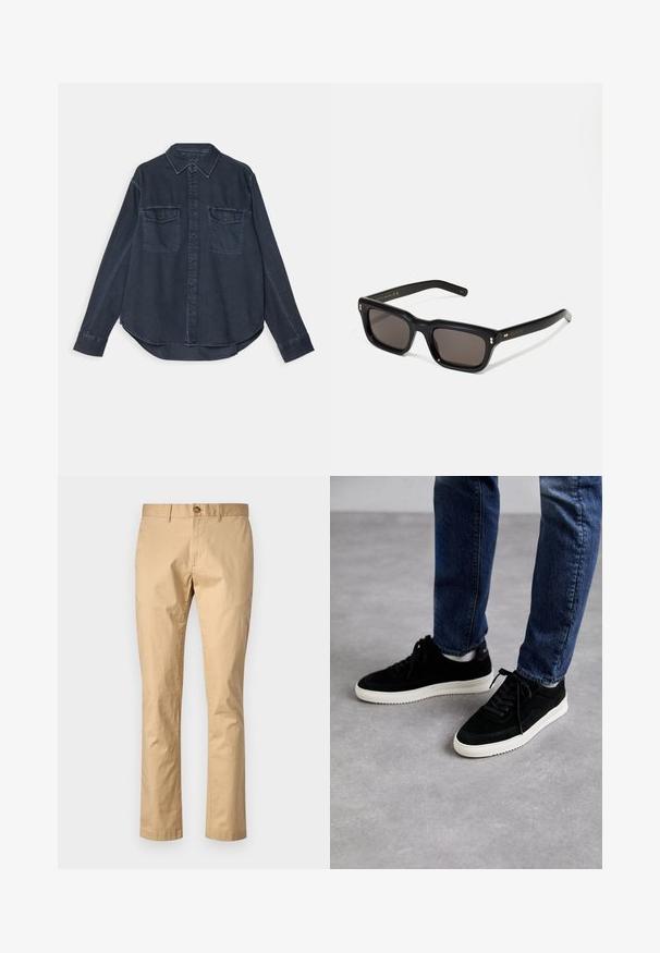 Mørkeblå denimskjorte med knaplukning foran, spids krave, to brystlommer og lange ærmer med knapmanchetter.; Beige bomuldsbukser med lige snit, udstyret med frontknaplukning og bælteløkker. Glat tekstur med minimale accenter.; Sorte ruskind sneakers med en hvid gummisål, der har et klassisk low-top design, rundt tå og flade sorte snørebånd.; Sorte rektangulære solbriller med mørke glas, tyk plastisk ramme, guldtryk på stængerne og brandlogo indgraveret på armen.