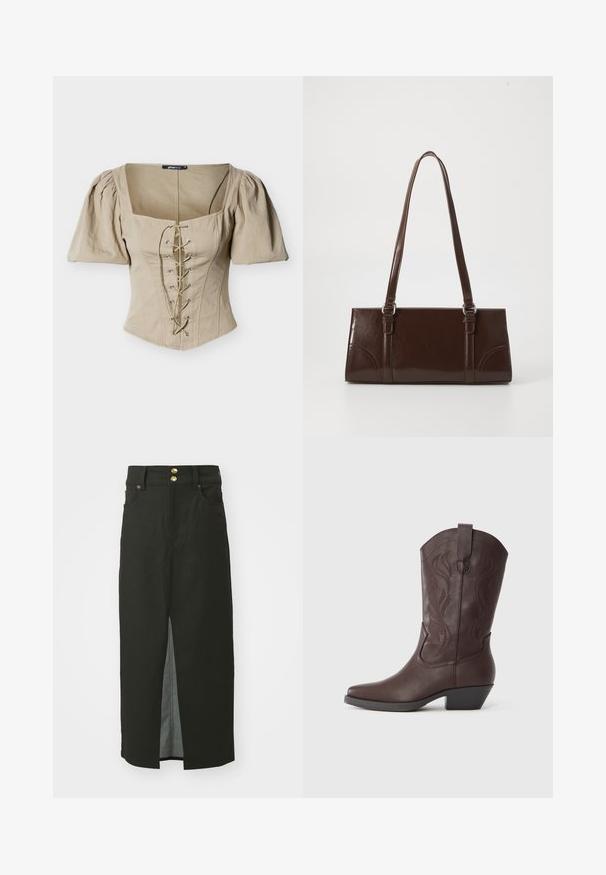 Beige corset-top med firkantet udskæring, korte pufærmer og snøring foran med sølvøjer og grønne snore. Tekstureret stof.; Sort denimnederdel med høj talje, to guld knaplukninger, slids foran og sidelommer. Glat tekstur og knælangt design.; Brun lædercowboystøvle med spids snude, dekorative syninger på skaftet og en lav, stablet hæl. Glat tekstur og buet design.; Brun lakeret håndtaske med rektangulær form, to lange håndtag og subtile buede detaljer på fronten.