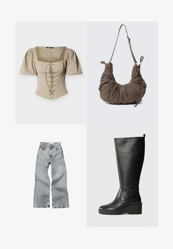Top corsé beige con escote cuadrado, mangas cortas abullonadas y un frente con cordones que presenta ojales plateados y cordones verdes. Tejido texturizado.; Vaqueros de mezclilla gris claro de pierna ancha con cintura alta, cinco bolsillos y costuras visibles. La tela tiene un acabado texturizado y corte recto.; Botín negro de cuero hasta la rodilla con suela de cuña, textura suave, diseño sin costuras y una pequeña pestaña en la parte superior para facilitar su uso.; Bolso bandolera de ante marrón con detalles fruncidos, correa ajustable y lazos decorativos laterales, mostrado sobre un fondo neutro.