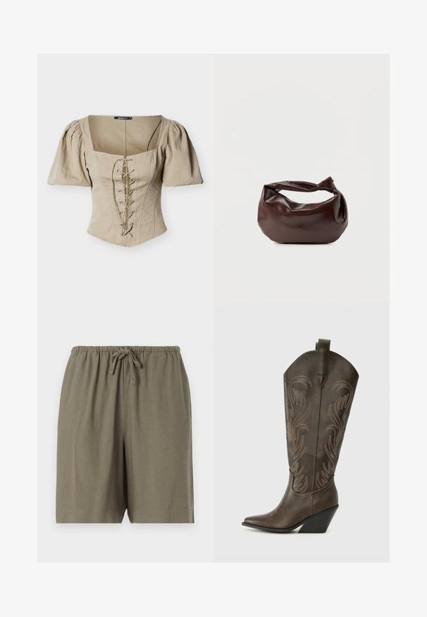 Beige korsettitoppi, jossa on neliömäinen pääntie, lyhyet pussihihat ja etuosassa nyöritys, jossa on hopeiset silmukat ja vihreät nauhat. Kankaan pinta on teksturoitu.; Khaki-shortsit, jotka on valmistettu kevyestä kankaasta. Ominaisuuksiin kuuluu joustava vyötärö, jossa on nauhakiristys, sekä rento istuvuus. Yksinkertainen, yksivärinen muotoilu.; Ruskeat nahkasaappaat, joissa on terävä kärki, viistopohja ja koriste-ompelu. Saappaissa on korkea varsi ja vetonauha.; Tummanruskea nahkainen olkalaukku, jossa on pehmeä, rento muoto ja kiertynyt solmukahva valkoisella taustalla.