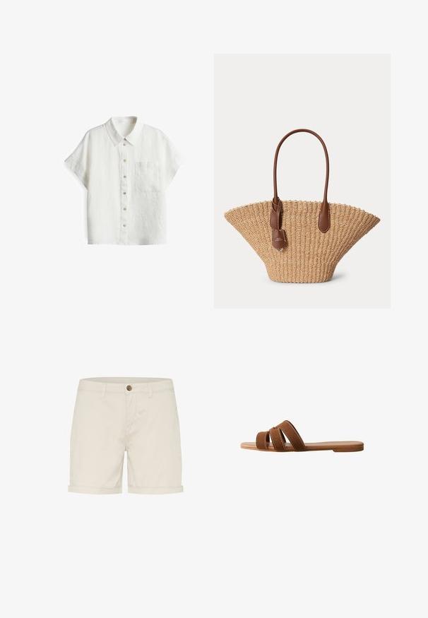 Weißes Leinenhemd mit kurzen Ärmeln, klassischem Kragen, einer Brusttasche und knopfvariablen Verschlüssen an der Blende in verschiedenen Farben. Strukturierter Stoff.; Helle beige Baumwollshorts mit Knopfverschluss, umgeschlagenen Säumen und Seitentaschen. Glatte Textur und maßgeschneiderte Passform für Komfort.; Braune Wildleder-Sandale mit drei überlappenden Riemen, einer flachen Sohle und kontrastierenden weißen Nähten auf den Riemen als Detail.; Geflochtene Strohtasche mit breiter Fächerform und braunen Ledergriffen und Anhänger, vor einem schlichten hellen Hintergrund.