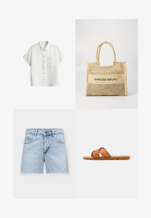 Witte korte mouwen linnen shirt met een klassieke kraag, voorzak en knoopsluiting in verschillende tinten op de sluiting. Gelaagd materiaal.; Lichtblauwe denimshorts met gerafelde zomen, knoop aan de voorkant, ritssluiting en voor- en achterzakken.; Bruine leren slidesandaal met kruisschouderbandjes, platte zool, fijne textuur en minimalistisch ontwerp voor casual gebruik.; Beige geweven draagtas met twee handvatten en "VANESSA BRUNO" in het zwart gedrukt op een solide geweven paneel in het midden.