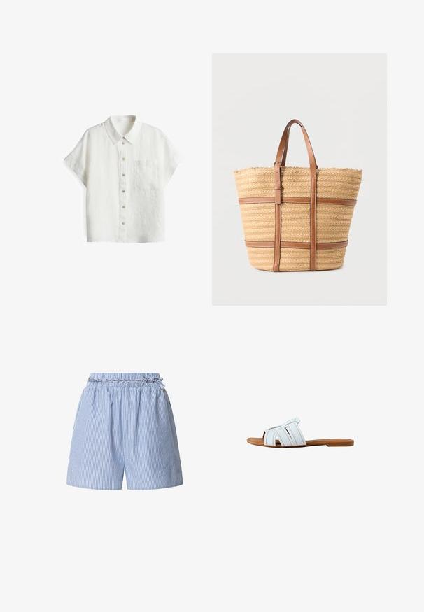 Weißes Leinenhemd mit kurzen Ärmeln, klassischem Kragen, einer Brusttasche und knopfvariablen Verschlüssen an der Blende in verschiedenen Farben. Strukturierter Stoff.; Gestreifte blaue Shorts mit einem elastischen Taillenbund und geflochtenem Kordelzug. Verfügt über vertikale weiße Streifen und ein entspanntes Design.; Weiße flache Pantoletten-Sandale mit brauner Sohle und breiten, sich kreuzenden Riemen mit sichtbarer Naht auf weißem Hintergrund.; Große beige geflochtene Tragetasche mit zwei braunen Lederhenkeln und horizontal verlaufenden braunen Lederstreifen vor einfarbigem Hintergrund.