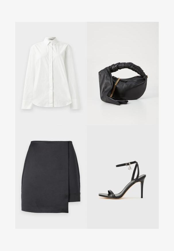 Chemise blanche en coton à manches longues avec un col pointu, fermeture à boutons sur le devant et ourlet arrondi. Texture lisse, coupe régulière et sans motifs.; Mini-jupe asymétrique noire avec un pan avant style portefeuille sur fond blanc.; Sandale à talon haut noire avec une bride étroite à la cheville, bout carré, cuir lisse et accent de boucle métallique.; Sac en cuir noir avec une poignée torsadée, accent en chaîne dorée et forme arrondie. Présente une texture lisse et une fermeture éclair.