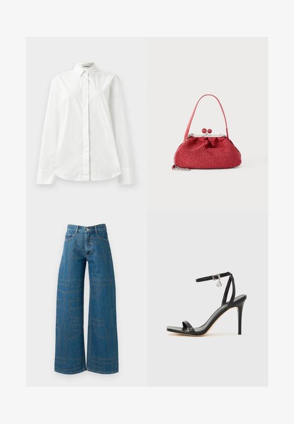 Chemise blanche en coton à manches longues avec un col pointu, fermeture à boutons sur le devant et ourlet arrondi. Texture lisse, coupe régulière et sans motifs.; Jeans évasés en denim bleu moyen avec des motifs de couture contrastants et plusieurs designs de poches. Taille haute avec une fermeture à bouton.; Sandale à talon haut noire avec une bride étroite à la cheville, bout carré, cuir lisse et accent de boucle métallique.; Petit sac tissé rouge avec une seule bandoulière, cadre en argent, fermeture à bouton boule, et détail de chaîne argentée attachée.