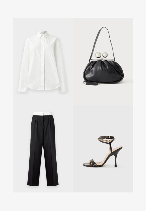 Chemise blanche en coton à manches longues avec un col pointu, fermeture à boutons sur le devant et ourlet arrondi. Texture lisse, coupe régulière et sans motifs.; Pantalons plissés noirs avec une large ceinture blanche, présentant une coupe droite et une texture lisse pour un look structuré.; Sandale à talons hauts en cuir verni noir avec une fine bride de cheville et une boucle, orteil ouvert et talon aiguille mince sur fond blanc.; Sac à main en cuir noir avec un design plissé, une sangle unique, un cadre métallique argenté et deux grandes fermoirs ronds en argent.