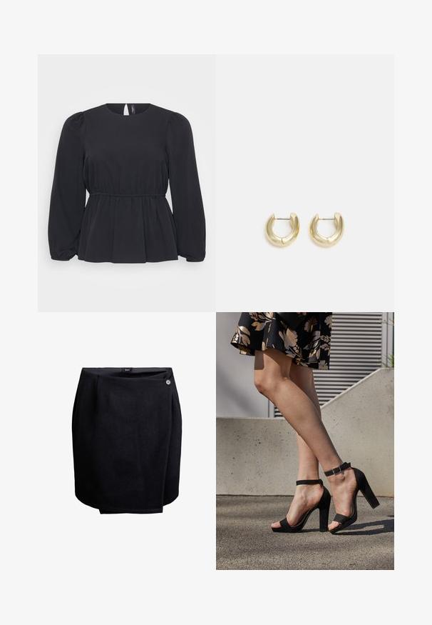 Sort bluse med lange, puffede ærmer, samlet talje og peplum-design. Glat stof med en nøglehulsåbning på ryggen. Enkel og elegant.; Sort omslagskørt med en enkelt knaplukning i siden, lavet af glat stof, knælangt med en let overlappende detalje.; Sorte ruskinds høje hæle sandaler har et ankelstrop med spænde, åben tå design og en kraftig hæl. Glat tekstur og minimalistisk stil.; Guld-tone hoop øreringe med en glat, poleret overflade. Har en halvcirkelform og en sikker stiftlukning.