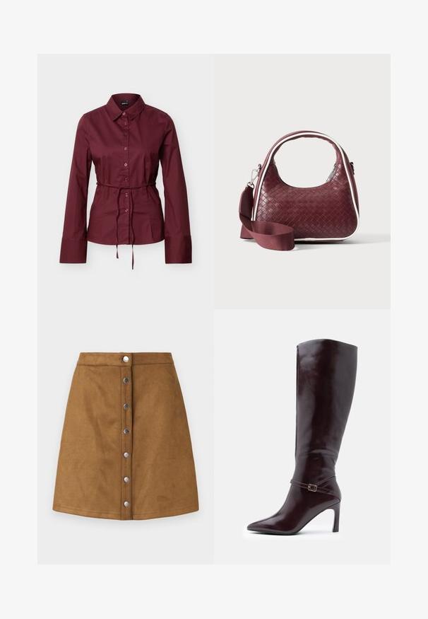 Bordeauxrode blouse met lange mouwen, knopen en kraag, met een dunne bijpassende riem gestrikt rond de taille, getoond tegen een effen lichte achtergrond.; Bruine suede A-lijn rok met een voorste knoopsluiting, voorzien van zilverkleurige metalen knopen en een gladde textuur.; Kastanjebruine leren laarzen tot de knie met een spitse neus, een stilettohak en een decoratieve gespsluiting rond de enkel. Glad van structuur.; Donkerrode geweven leren handtas met gebogen handvat, witte bies, zilveren rits en afneembare brede stoffen schouderriem tegen een effen achtergrond.