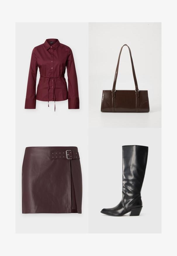 Chemise boutonnée bordeaux à manches longues avec col et fine ceinture assortie nouée à la taille, présentée sur un fond clair uni.; Jupe en simili cuir bordeaux avec une taille ceinturée et une boucle métallique, présentant une fente sur le côté et une texture lisse et polie.; Botte en cuir noir montante jusqu'au genou avec un bout pointu, un talon angulaire et une texture lisse. Présente une subtile couture sur le côté.; Sac à main en cuir verni marron de forme rectangulaire, avec deux longues poignées et des accents courbés subtils à l'avant.