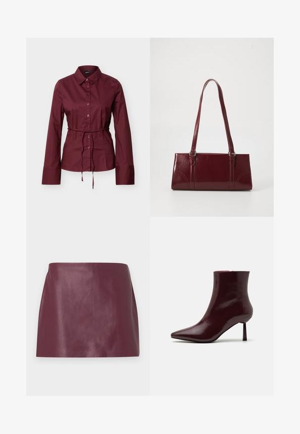 Bordeauxrode blouse met lange mouwen, knopen en kraag, met een dunne bijpassende riem gestrikt rond de taille, getoond tegen een effen lichte achtergrond.; Mini-jurk van gladde bordeauxrode leren met een rechte snit en zonder zichtbare versieringen of sluitingen.; Bordeaux patentleren enkelboot met een spitse neus en een slanke stilettohak, met een gladde, glanzende textuur en een minimalistisch ontwerp.; Bourgondische handtas van glanzend materiaal, rechthoekige vorm, met twee schouderbanden en subtiele gebogen accenten aan de voorkant.