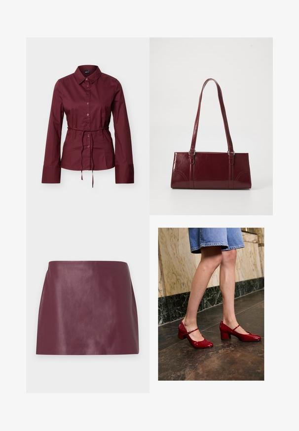 Camisa burdeos de manga larga con botones y cuello, con delgado cinturón a juego atado a la cintura, mostrada sobre un fondo claro y uniforme.; Mini falda de cuero burdeos suave con corte recto y sin adornos ni cierres visibles.; Persona con zapatos de charol rojos brillantes tipo Mary Jane y falda de mezclilla azul de pie sobre un suelo de baldosas oscuras cerca de una pared de mármol.; Bolso burdeos hecho de material brillante, de forma rectangular, con dos asas para el hombro y sutiles acentos curvados en la parte frontal.