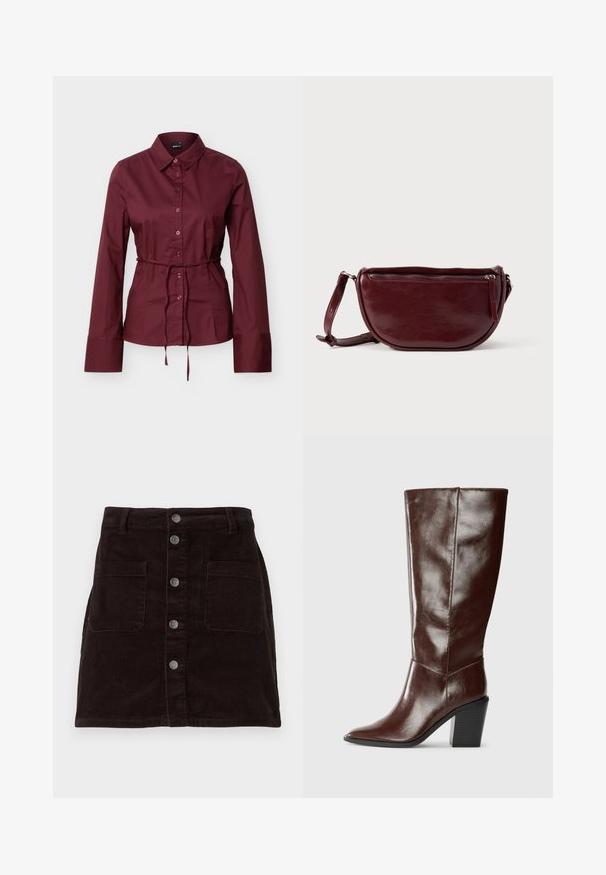 Bordeauxrode blouse met lange mouwen, knopen en kraag, met een dunne bijpassende riem gestrikt rond de taille, getoond tegen een effen lichte achtergrond.; Bruine corduroy rok met een getailleerd ontwerp, voorby sluiting met knopen, twee zijzakken en een verticale ribbelstructuur over de gehele lengte.; Hoge donkerbruine leren laars met een spitse neus en een gestapelde blokhak, vanuit de zijkant weergegeven op een effen achtergrond.; Dieprode lederen handtas met een halve-maansvorm, een ritssluiting en een afneembare riem. Gladde textuur met een subtiele glans.