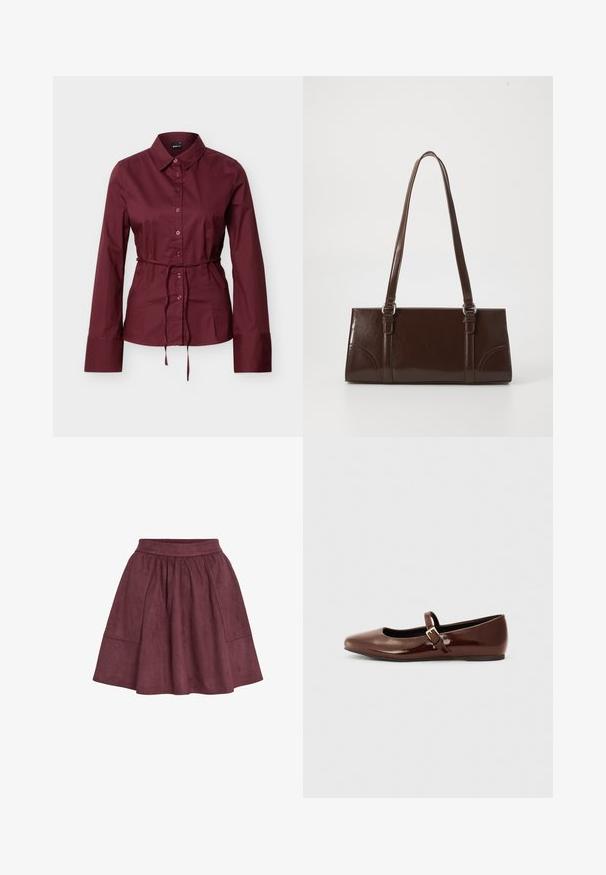 Bordeauxrode blouse met lange mouwen, knopen en kraag, met een dunne bijpassende riem gestrikt rond de taille, getoond tegen een effen lichte achtergrond.; Bordeaux suède rok met een flared vorm, elastische tailleband en twee zijzakken, met een zachte textuur en minimalistisch ontwerp.; Bruine gepatineerde leren balletschoen met een vierkante neus en een bandje met een kleine gouden gesp. Gladde textuur, lage hak en minimalistisch ontwerp.; Bruine lakleren handtas met een rechthoekige vorm, twee lange handvatten en subtiele gebogen accenten aan de voorkant.