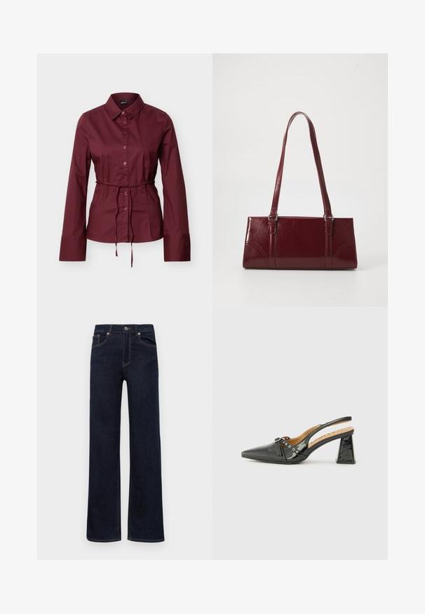 Bordeauxrode blouse met lange mouwen, knopen en kraag, met een dunne bijpassende riem gestrikt rond de taille, getoond tegen een effen lichte achtergrond.; Donkerblauwe spijkerbroek met rechte pijpen, knoopsluiting, riemlussen en vijf zakken, weergegeven op een witte achtergrond.; Zwarte lakleren slingback schoen met een puntige neus, driehoekige hak en decoratieve band met zilveren accenten. Soepele textuur.; Bourgondische handtas van glanzend materiaal, rechthoekige vorm, met twee schouderbanden en subtiele gebogen accenten aan de voorkant.