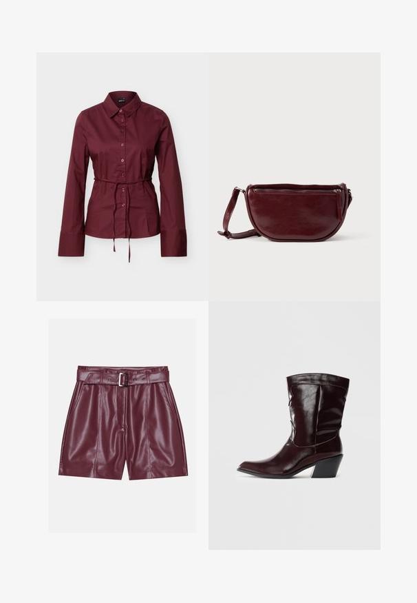 Bordeauxrode blouse met lange mouwen, knopen en kraag, met een dunne bijpassende riem gestrikt rond de taille, getoond tegen een effen lichte achtergrond.; Bordeaux neplederen shorts met een brede tailleband, een riem met een zilveren gesp en voorplooien voor een ontspannen silhouet.; Bordeaux leren enkellaarsjes met een spitse neus, textuur op het oppervlak en een taps toelopende lage hak. Heeft subtiele stiksels en een strakke pasvorm.; Dieprode lederen handtas met een halve-maansvorm, een ritssluiting en een afneembare riem. Gladde textuur met een subtiele glans.