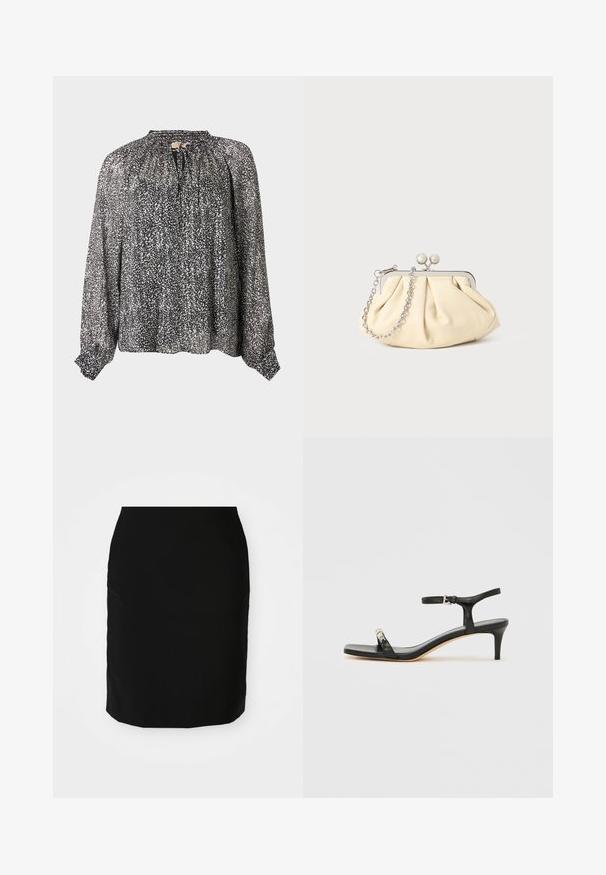 Blouse noire à manches longues avec motif abstrait de points blancs, col froncé avec lien et poignets élastiques aux manches.; Jupe crayon noire avec une texture lisse, de forme droite, et un ourlet à hauteur des genoux. Aucun motif ni détail matériel visible.; Sandale noire en cuir à talon avec bride à la cheville, bout ouvert, devant carré et accent en métal argenté. Design ajusté avec un profil élégant.; Pochette en cuir beige plissé avec un cadre en métal argenté, dotée de deux fermoirs ronds décoratifs et d'une chaîne en argent.