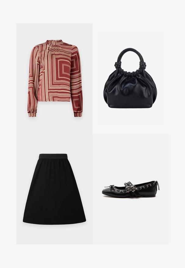 Langærmet bluse med høj halsudskæring, maroon stof med cremefarvede geometriske linjer og indsamlede manchetter for en afslappet pasform.; Sorte A-linjeet nederdel med elastisk talje, lavet af et glat, let materiale; har et simpelt, ensfarvet design uden mønstre.; Sort flad balletsko med dobbelt spænde, sølvøjer og en lille sløjfe nær den runde tå på en hvid baggrund.; Sort blød læderhåndtaske med samlet top og to tykke håndtag bundet i knuder mod en ensfarvet lys baggrund.