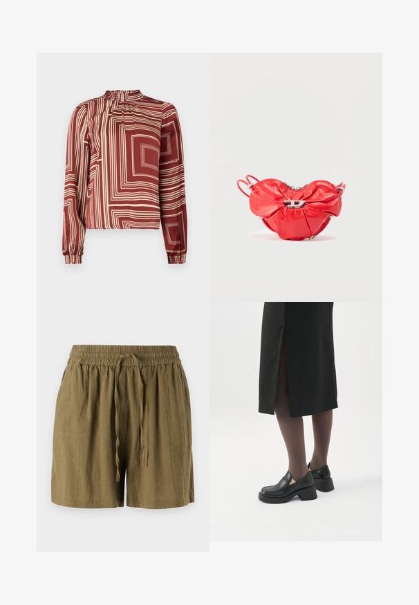 Langærmet bluse med høj halsudskæring, maroon stof med cremefarvede geometriske linjer og indsamlede manchetter for en afslappet pasform.; Olivenfarvede shorts uden lukning lavet af letvægtsstof, med elastisk talje og snor, i en afslappet og løs pasform.; Kvinde iført sorte loafers med chunky hæl, sorte tynde strømpebukser og en sort nederdel med slids bagpå på hvid baggrund.; Rød læderhåndtaske med hjerteform, samlet design, sølvlynlås og en fremtrædende metal logoaccent foran.