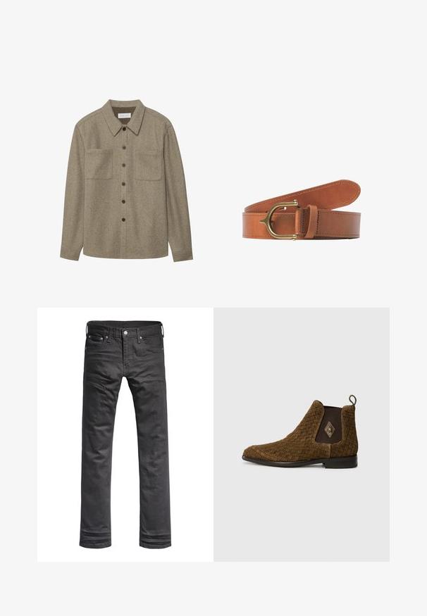 Brun uld button-up skjorte med spidse kraver, to brystlommer og sorte knapper. Glat tekstur med afslappet pasform.; Sorte denim jeans med et klassisk lige ben-design. Har frontlommer, knaplukning og diskrete syninger.; Brun vævet ankelstøvle med spids tå, elastiske sidepaneler og en løkke i bagenden. Har en diamantaccent på ydersiden.; Tanfarvet læderbælte med en glat tekstur, rektangulært form og messing spænde. Har præcis syning og et enkelt spænde.
