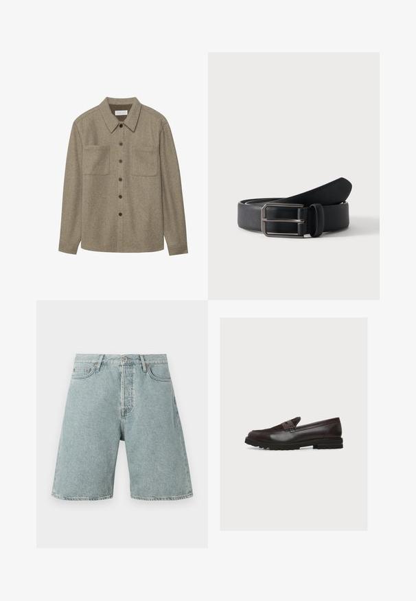 Braunes Wollhemd mit Knopfleiste, spitzem Kragen, zwei Brusttaschen und schwarzen Knöpfen. Glatte Textur mit lockerer Passform.; Hellblaue Jeans-Shorts mit lässiger Passform, fünf Taschen und Knopfverschluss. Abgeriebene Textur mit sichtbaren Nähten.; Dunkelbrauner Lederloafer mit Wildlederoberteil, Pennyriemen, genähten Details und dicker Gummisohle mit Profil, in Seitenansicht dargestellt.; Schwarzer Ledergürtel, zusammengerollt mit rechteckiger silberner Metallschnalle auf schlicht hellem Hintergrund.