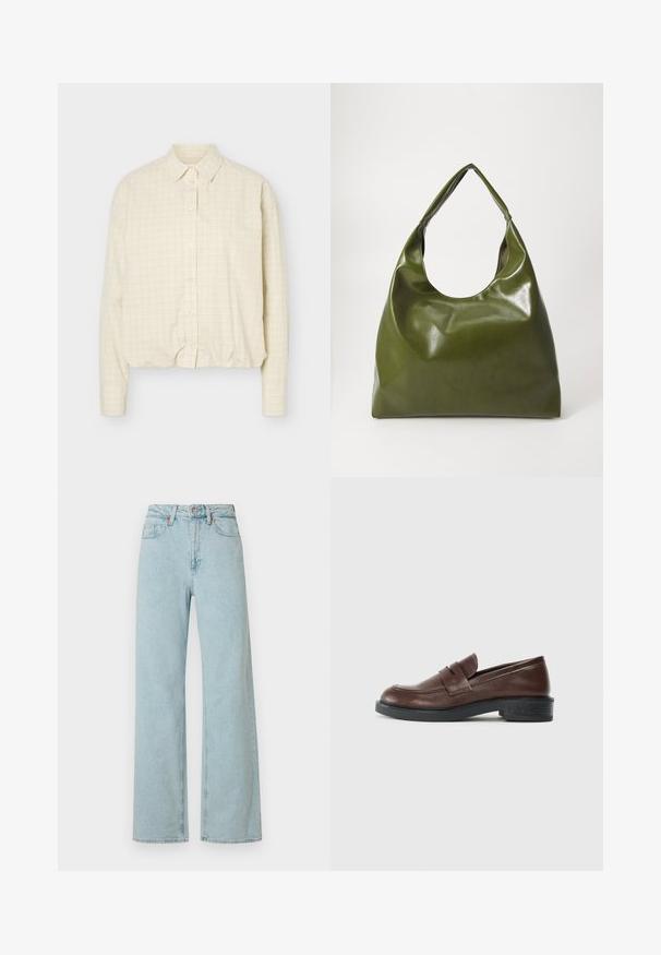 Beige skjorte med lange ærmer, tyndt ternet mønster, standard krave og tætsiddende manchetter.; Lysblå denimjeans med høj talje, vide ben, knaplukning og lynlås foran, bæltestropper og fem-lommers design.; Brune læder loafers med rund tå, og en dekorativ rem over toppen, samt en lav, struktureret sort gummihæl.; Grøn læder hobo taske med en slouchy design, buet håndtag og glat tekstur. Indeholder ingen synlig hardware eller accenter.
