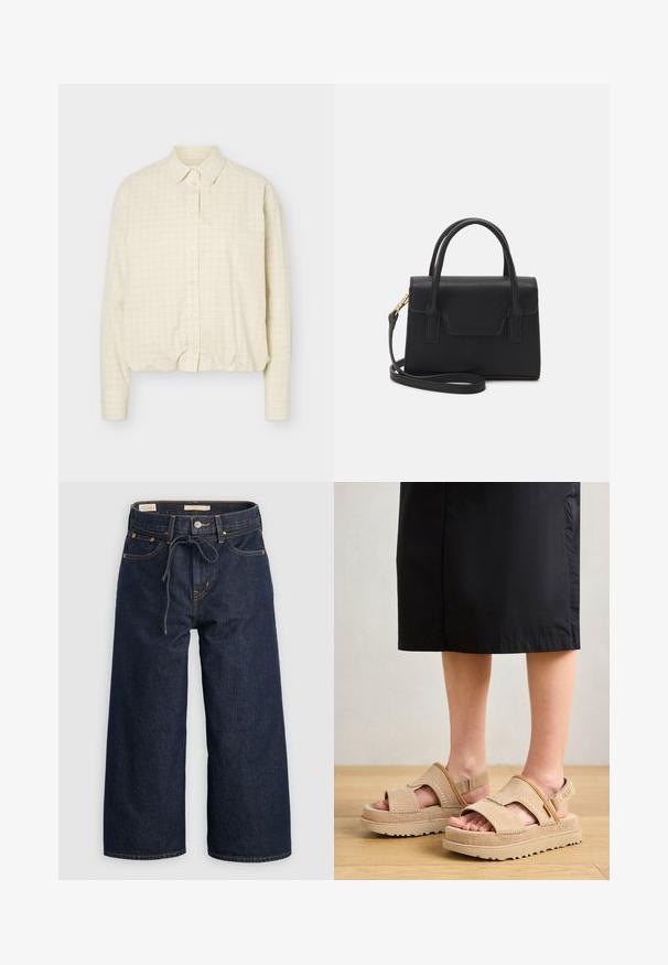 Chemise beige à manches longues avec un motif à fines grilles, col classique et poignets ajustés.; Jean en denim bleu foncé à jambe large avec une ceinture à cordon de serrage, des poches avant et des détails de couture contrastants orange.; Sandales en suede beige avec un design à bout ouvert, une semelle épaisse et une sangle ajustable. Présente des accents cousus et une surface texturée.; Sac à main structuré noir en cuir avec une poignée supérieure, une bandoulière détachable et un détail à rabat à l'avant. Accents en matériel doré.