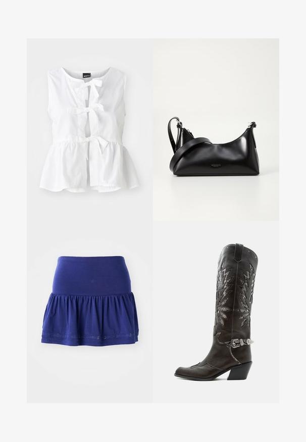 Biele bezrukávové tričko z ľahkej tkaniny s peplum lemom, predný viazací detail a otvorom v tvare kľúča, s okrúhlym výstrihom.; Námornícky modrá sukňa z úpletu s naberaným dnom, elastickým pásom a dekoratívnym vyšívaným lemom pozdĺž spodného okraja. Mäkkučký, ľahký materiál.; Čierna kožená kovbojská čižma s dekoratívnymi výrezmi, striebornou prackou a šikmým podpätkom, zobrazovaná na bielom pozadí.; Čierna kožená kabelka s hladkou textúrou. Obsahuje nastaviteľný popruh a elegantný, minimalistický dizajn so zipsovým uzatvorením.