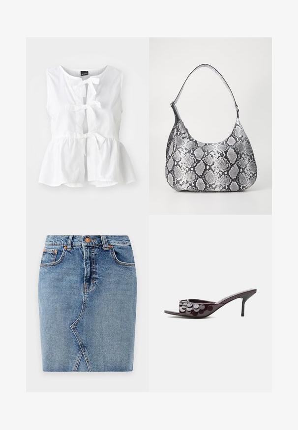 Hvid ærmeløs top i letvægtsstof, med peplum-hjørne, frontbindinger og nøglehulåbning, samt rund halsudskæring.; Denimnederdel i mellemblå med et tætsiddende design, forlommer og skrå sømdetaljer. Standard talje med metalknaplukning.; Mørkelilla mule med åben tå, mellemhøj stilettohæl og cirkulære palietter på den øverste rem.; Sort-hvid slangemønster skuldertaske med en rund form, glat tekstur og en buet rem. Har et sølvfarvet hardware-accents.