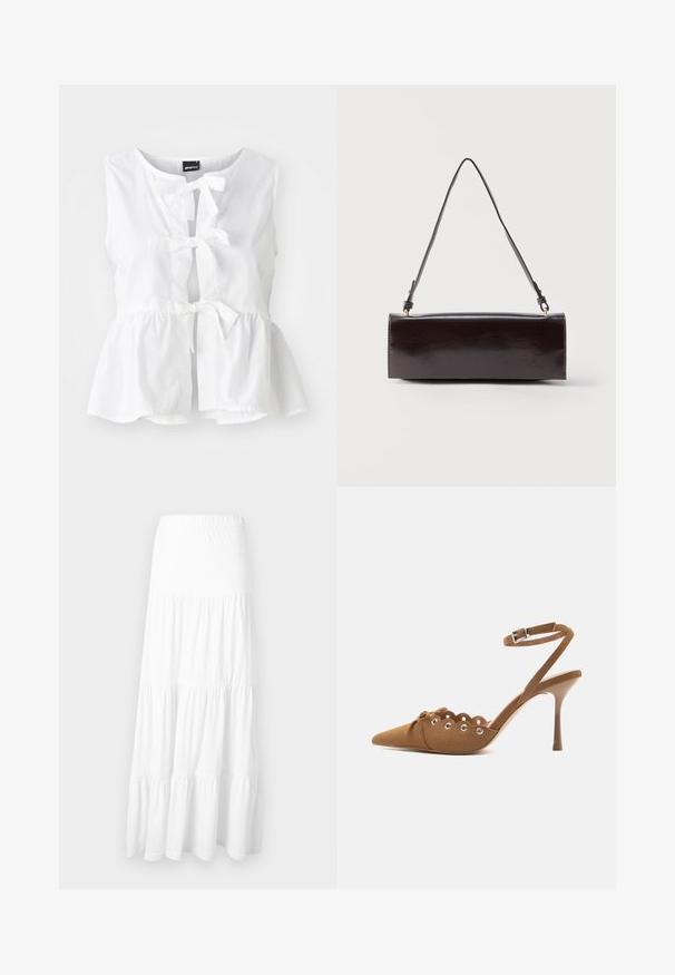 Haut sans manches blanc en tissu léger, avec un ourlet en peplum, des nouages à l'avant et une ouverture en forme de trou de serrure, avec un col arrondi.; Jupe longue à volants blanche avec ceinture élastique, réalisée en tissu léger, adaptée pour un usage décontracté.; Escarpin en daim marron à talon haut, bout pointu, bords festonnés, détails d'œillets argentés et bride à la cheville avec boucle.; Sac à main rectangulaire en cuir noir avec une longue bandoulière unique et une finition brillante, présenté sur un fond blanc uni.