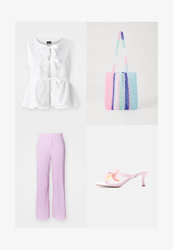 Hvid ærmeløs top i letvægtsstof, med peplum-hjørne, frontbindinger og nøglehulåbning, samt rund halsudskæring.; Lyserøde, plisserede bukser med bred ben-design og elastisk talje, der har en vertikal tekstur og en glat finish.; Lyserød hælsandal med en slank rem og dekorativ lyserød og gul stofblomst på forsiden.; Farverig tote bag lavet af gennemsigtige perler. Har striber i pink, grøn, blå og hvid. To robuste perle-håndtag.