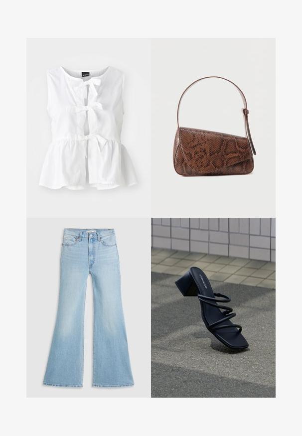 Hvid ærmeløs top i letvægtsstof, med peplum-hjørne, frontbindinger og nøglehulåbning, samt rund halsudskæring.; Lysblå flagrende jeans med høj talje, lavet af denim. Har et klassisk fem-lomme design og en rå kant ved ærmerne.; Sort sandal med firkantet tå, tre tynde stropper og blokhæl på fortov nær flisebelagt væg.; Brun skuldertaske i læder med slangeskindsmønster, lukkes med klap og har en enkelt justerbar rem mod en ensfarvet baggrund.