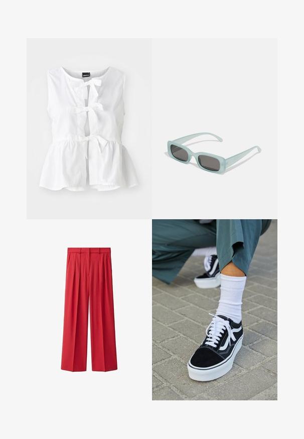 Valkoinen hihaton toppi kevyestä kankaasta, jossa on peplum-helma, etutaitokset ja avaus avaimenreijällä, pyöreä pääntie.; Punaisen, korkeavyötäröiset, laskostetut, leveälahkeiset housut, jotka on valmistettu sileästä kankaasta. Ominaisuuksia ovat vyölenkit ja etuvetoketju. Klassisesti muotoiltu malli.; Mustat mokkakengät valkoisilla yksityiskohdilla ja nauhoilla, joissa on paksu valkoinen pohja ja kontrastivärinen ommel, yhdistettynä valkoiseen sukkaan.; Pari rektangulaarisia aurinkolaseja, joissa on vaaleansiniset läpinäkyvät kehykset ja tummanharmaat linssit. Aurinkolasit ovat suorat temppeleiltään ja niissä on minimaalinen varusteiden määrä.