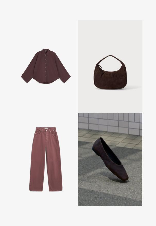 Donkerbruine lange mouwen blouse met knopen, brede manchetten en een puntige kraag, plat liggend op een witte achtergrond.; Wijde, hoge taille broeken in donker mauve, gemaakt van katoen. Voorzien van zijzakken, een knoopsluiting en gestikte naden.; Enkele donkerbruine platte schoen die boven een textuurrijke grond zweeft, met een betegelde muur op de achtergrond.; Donkerbruine suède handtas met een korte riem en afgeronde rechthoekige vorm op een effen lichte achtergrond.
