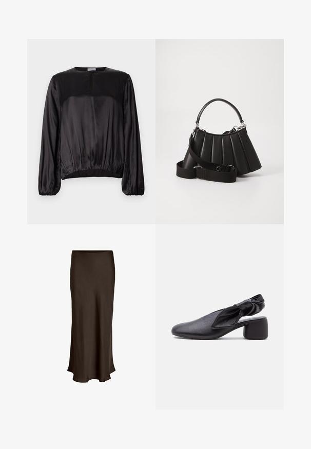Schwarzes Satinoberteil mit langen Ärmeln und Rundhalsausschnitt, einem kleinen Schlüsselchen vorne und einem gerafften elastischen Saum für eine taillierte Silhouette.; VILA VIELLETTE HW MIDI SKIRT - NOOS - Maxirock - coffee bean; Schwarzer Leder-Slingback-Schuh mit abgerundeter Spitze, einem geknoteten Riemendetail und niedrigem Blockabsatz auf weißem Hintergrund.; Schwarze, gefaltete Handtasche mit einem runden Griff, verstellbarem Schulterriemen und glänzender Textur. Verfügt über silberne Hardware und eine strukturierte Silhouette.