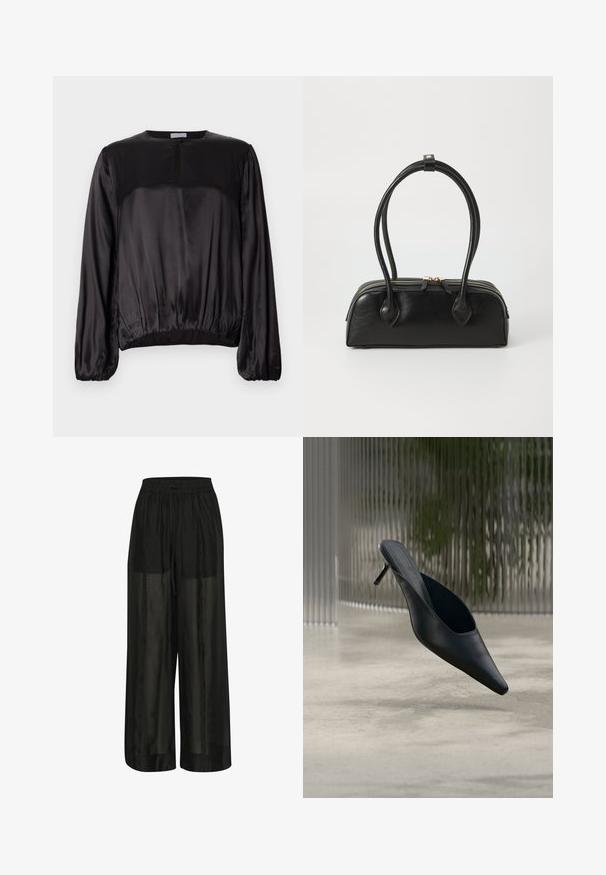 Schwarzes Satinoberteil mit langen Ärmeln und Rundhalsausschnitt, einem kleinen Schlüsselchen vorne und einem gerafften elastischen Saum für eine taillierte Silhouette.; Schwarze weit geschnittene Hose aus transparentem Stoff, mit einem elastischen Bund und einem Kordelzug für eine verstellbare Passform und einer glatten Textur.; Schwarzer spitzer Mule-Schuh mit dünnem hohen Absatz, der über einem glatten Betonboden schwebt, mit einem unscharfen vertikal gestreiften Hintergrund.; Schwarze Lederhandtasche mit zwei verlängerten Griffen, Reißverschluss und runder Form; glatte Textur mit subtiler glänzender Oberfläche.
