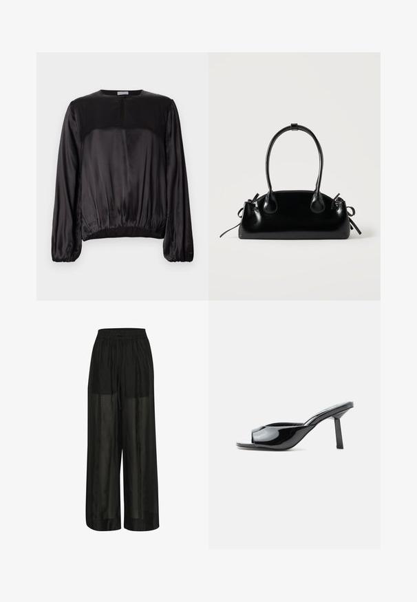 Schwarzes Satinoberteil mit langen Ärmeln und Rundhalsausschnitt, einem kleinen Schlüsselchen vorne und einem gerafften elastischen Saum für eine taillierte Silhouette.; Schwarze weit geschnittene Hose aus transparentem Stoff, mit einem elastischen Bund und einem Kordelzug für eine verstellbare Passform und einer glatten Textur.; Glänzender schwarzer Mule mit offenem Zehenbereich, einem quadratischen mittelhohen Absatz und einem gebogenen Riemen über dem Vorderfuß auf weißem Hintergrund.; Kleine schwarze glänzende Handtasche mit zwei langen Griffen und seitlichen Kordelzug-Details vor einfachem hellem Hintergrund.