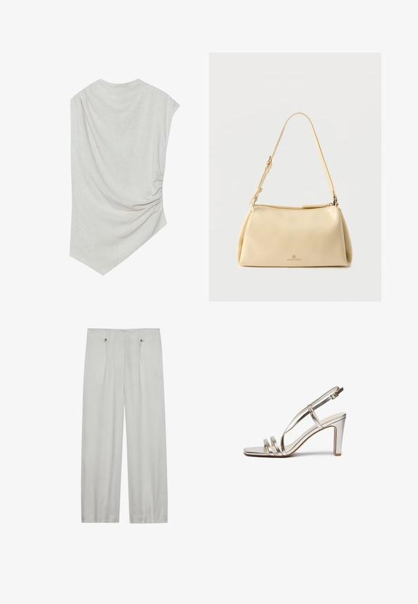Lichte beige top met een ronde halslijn, asymmetrische zoom en geplooide details aan één kant. Gemaakt van een zachte, gestructureerde stof.; Lichtgrijze, wijde pantalon gemaakt van een zachte stof. Heeft twee voorplooien, twee knoopsluitingen en een gladde textuur.; Metallisch zilveren hoge hak sandaal met een open teen, voorzien van drie dunne banden over de voet en een enkelband met een gesp.; Beige rechthoekige schoudertas met verstelbare riem en ritssluiting, met een klein "Anna Field" logo middenvoor.
