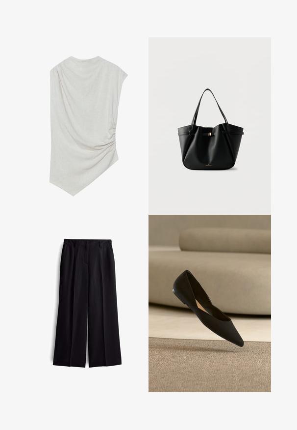 Helles beiges Oberteil mit einem runden Ausschnitt, asymmetrischem Saum und Raffungen auf einer Seite. Aus einem weichen, strukturierten Stoff gefertigt.; Schwarze Culottes mit glatter Textur, die über vordere Taschen und ein klares, maßgeschneidertes Design verfügen. Keine sichtbaren Verschlüsse oder Muster.; Schwarzer flacher Schuh mit spitzer Zehenpartie, der über einem beigen strukturierten Teppich mit einem neutralfarbenen Sofa im Hintergrund schwebt.; Schwarze Leder-Tasche mit zwei Schulterriemen, einem kleinen goldenen Verschluss und dem „Anna Field“-Logo auf weißem Hintergrund.
