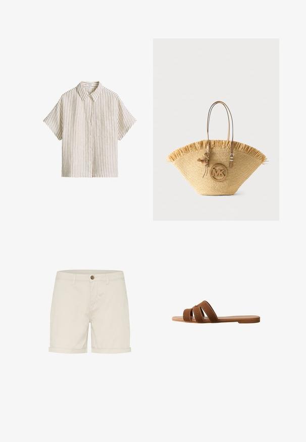 Beige overhemd met korte mouwen, verticale bruine strepen en een borstzak, gemaakt van puur linnen.; Lichtbeige katoenen shorts met een knoopsluiting, opgevouwen mouwen en zijzakken. Gladde textuur en op maat gemaakt ontwerp voor comfort.; Bruine suède slippersandaal met drie overlappende bandjes, een platte zool en contrasterende witte stiksels op de bandjes voor detail.; Grote geweven strooien tas met lichtbruine leren handvatten, franjes aan de bovenkant en een ronde MK-logo hanger aan de voorkant.