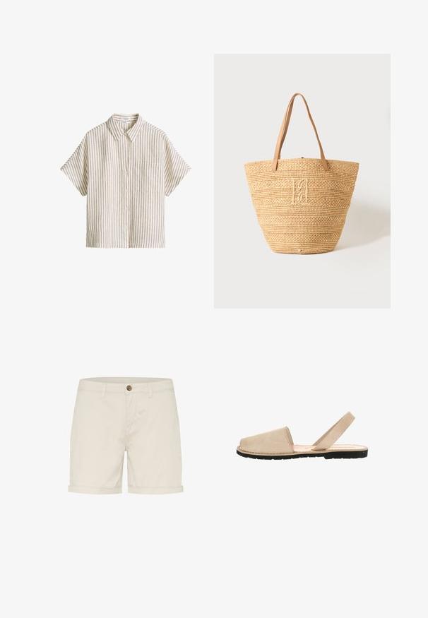 Beige overhemd met korte mouwen, verticale bruine strepen en een borstzak, gemaakt van puur linnen.; Lichtbeige katoenen shorts met een knoopsluiting, opgevouwen mouwen en zijzakken. Gladde textuur en op maat gemaakt ontwerp voor comfort.; Beige suède slingback sandaal met een ronde neus, minimalistisch ontwerp, platte zwarte rubberen zool en blootgestelde stiksels.; Beige gevlochten stro draagtas met twee bruine leren handvatten en een subtiel geborduurd monogram aan de voorkant in het midden.