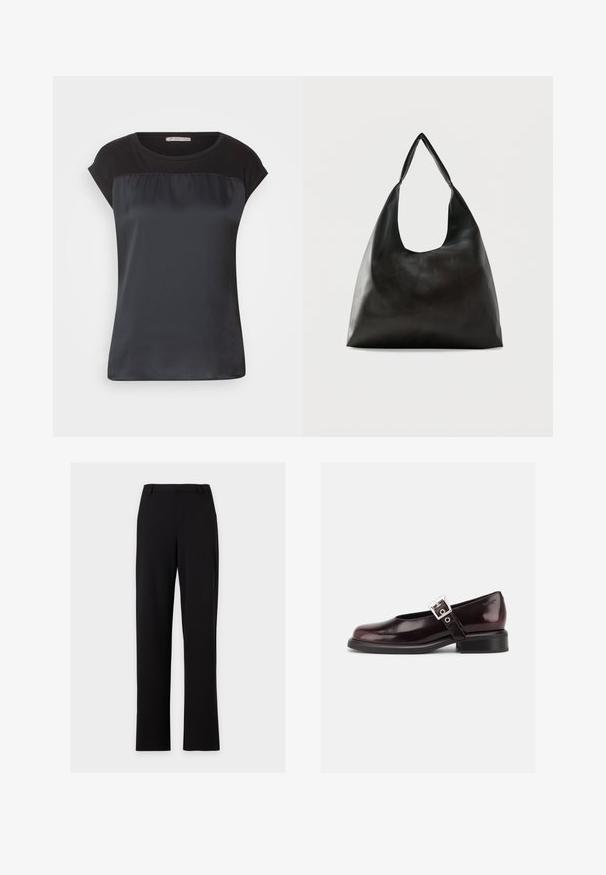 Top negro de manga corta con un panel frontal satinado y tejido mate en los hombros. Textura suave con un corte holgado.; Pantalones de vestir negros de corte recto con trabillas para cinturón y sin bolsillos visibles, mostrados sobre un fondo gris claro sencillo.; Zapato único Mary Jane brillante de color burdeos oscuro con correa ancha y hebilla plateada, tacón bloque bajo y punta redondeada sobre fondo blanco.; Bolso de hombro de cuero negro liso con una correa ancha y única y un diseño desenfadado y minimalista sobre un fondo sencillo.