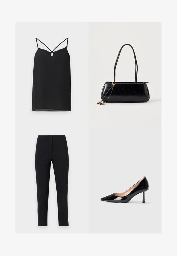 Top sans manches noir avec un col en V, doté de fines bretelles entrecroisées au dos. Matière légère et douce avec une silhouette fluide.; Pantalon noir slim fit longueur cheville avec devant plat et fermeture dissimulée, présenté sur fond blanc.; Chaussure à talon aigu noir en cuir verni avec un bout pointu et un talon stiletto mince de hauteur intermédiaire sur fond blanc.; Sac à main rectangulaire noir avec deux longues bandoulières, détail anneau doré et fermeture éclair sur un fond clair uni.